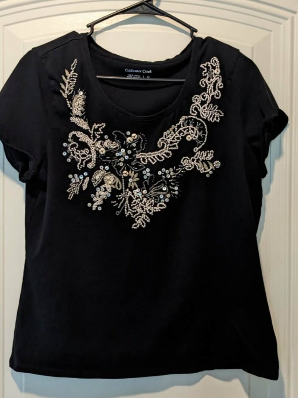 Women's Coldwater Creek Black Beaded Knit Shirt - 100% Cotton - Medium - GUC